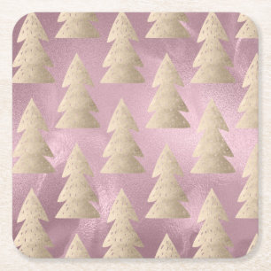 Elegant modern gold & pink Christmas tree pattern Square Paper Coaster