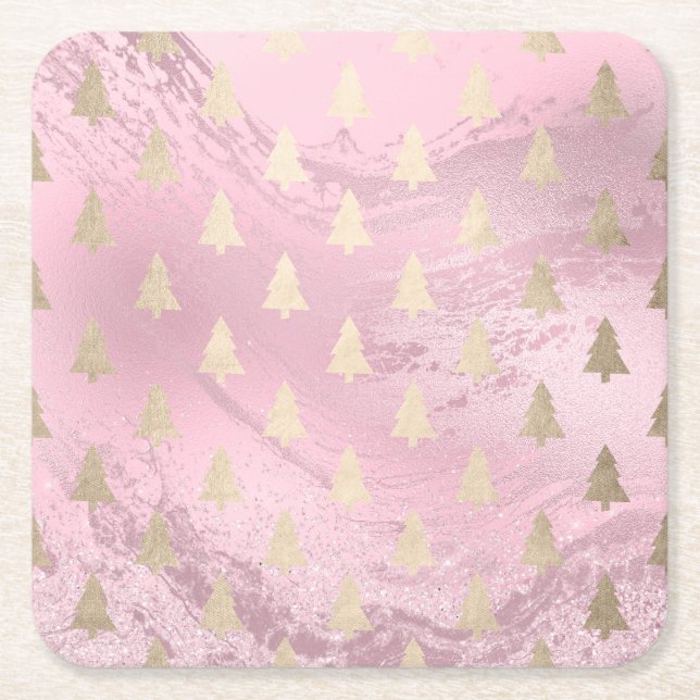 Elegant modern gold & pink Christmas tree pattern Square Paper Coaster (Front)