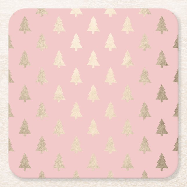 Elegant modern gold & pink Christmas tree pattern Square Paper Coaster (Front)