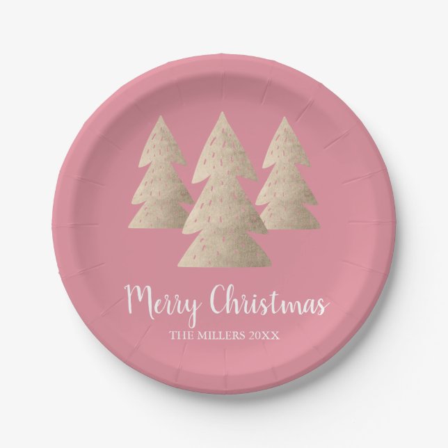 Elegant modern gold & pink Merry Christmas tree Paper Plate (Front)
