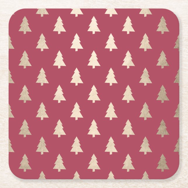 Elegant modern gold & red Christmas tree pattern Square Paper Coaster (Front)