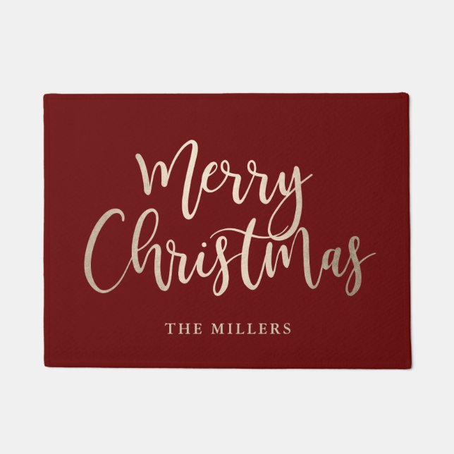 Elegant Modern Gold & Red Merry Christmas Doormat (Front)