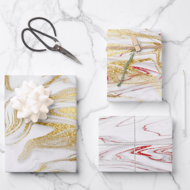 Elegant modern gold red white marble look  wrapping paper sheet (Front)