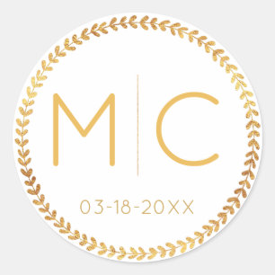 Elegant Modern Gold Rustic Wreath Monogram Wedding Classic Round Sticker