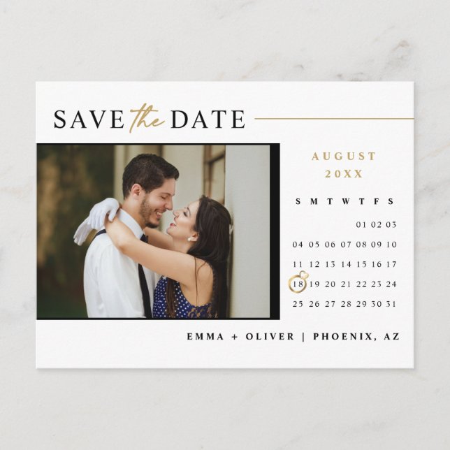 Elegant Modern Gold Save the Date Calendar QR Code Postcard (Front)