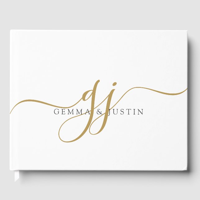 Elegant Modern Gold Script Initials Name Monogram Guest Book (Front)