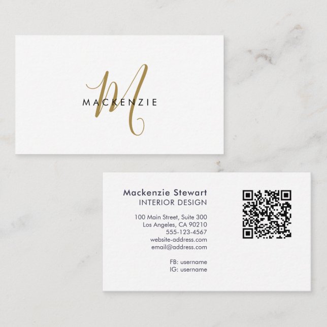 Elegant Modern Gold Script Monogram QR Code Business Card (Front/Back)
