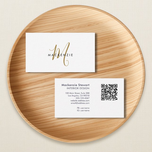 Elegant Modern Gold Script Monogram QR Code Business Card (Creator Uploaded)
