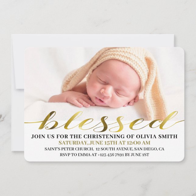 Elegant Modern Gold Script Photo Christening Invitation (Front)