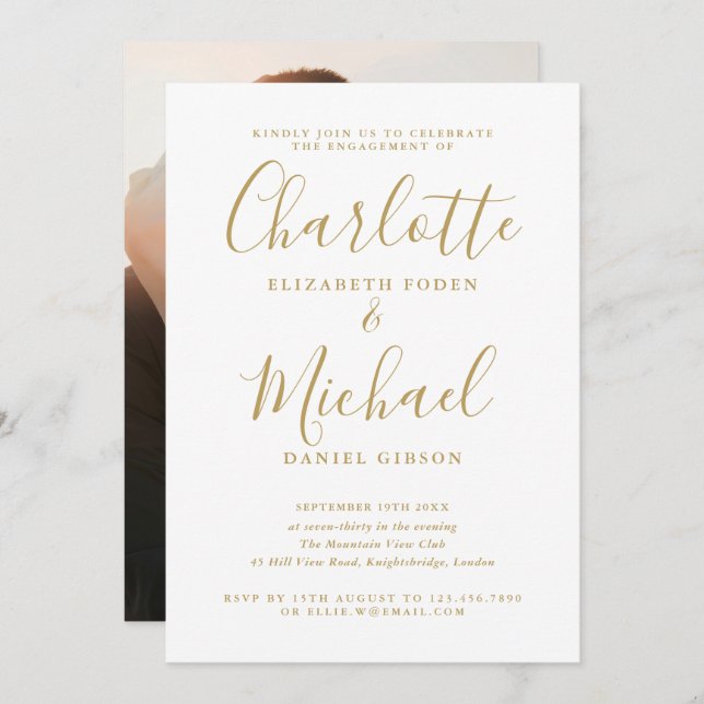 Elegant Modern Gold Script Photo Engagement Party  Invitation (Front/Back)