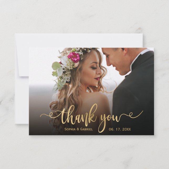 Elegant Modern Gold Script Photo Overlay Wedding  Thank You Card (Front)