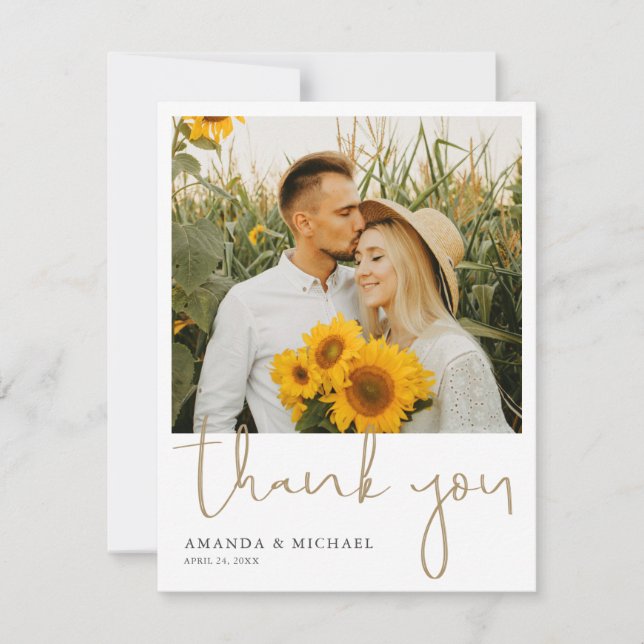 Elegant Modern Gold Script Photo Wedding Thank You Card (Front)
