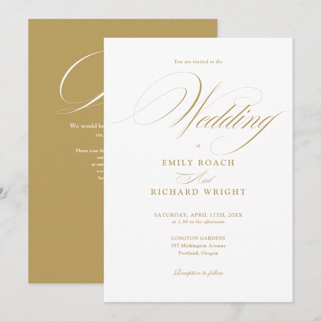 Elegant Modern Gold Script QR Code Wedding Invitation (Front/Back)
