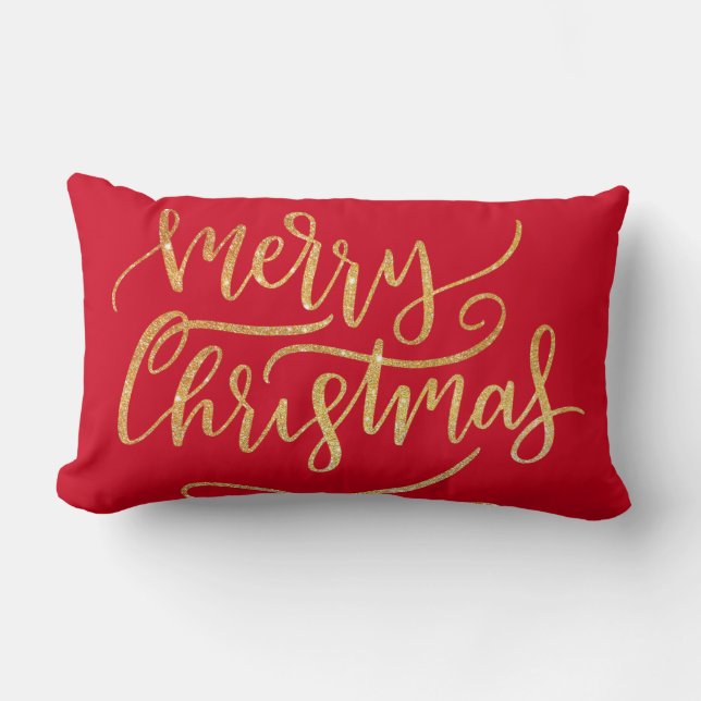Elegant Modern Gold Sparkle Merry Christmas Red  Lumbar Pillow (Front)