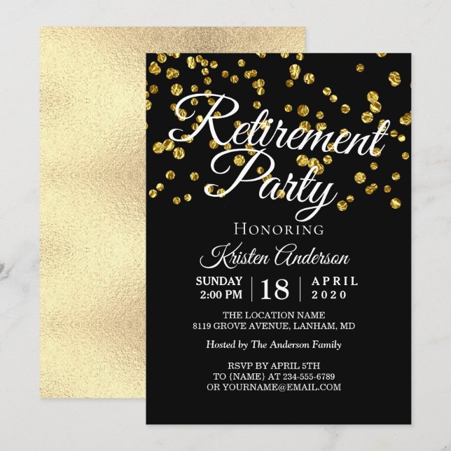 Elegant Modern Gold Sparkles Retirement Party Invitation (Front/Back)
