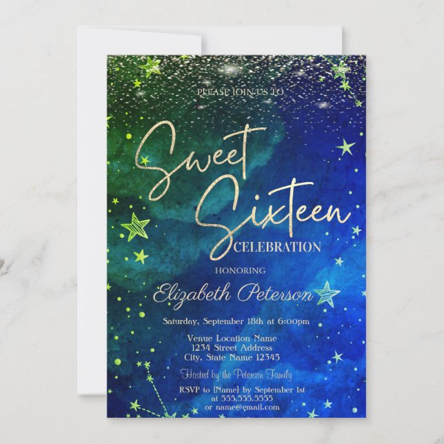 Elegant Modern Gold Stars Blue Green Sweet 16 Invitation (Front)