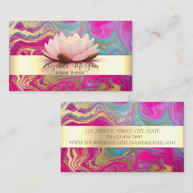 Elegant Modern Gold Stripe Lotus Colourful  Marble Business Card (Front/Back)