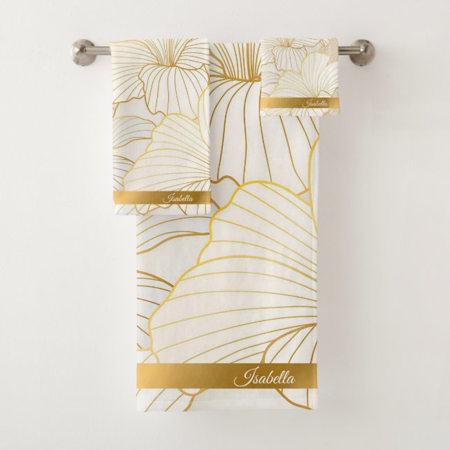 Elegant Modern Gold White Floral Line Collection Bath Towel Set (Insitu)