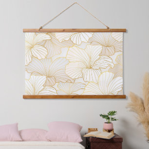 Elegant Modern Gold White Floral Line Collection Hanging Tapestry
