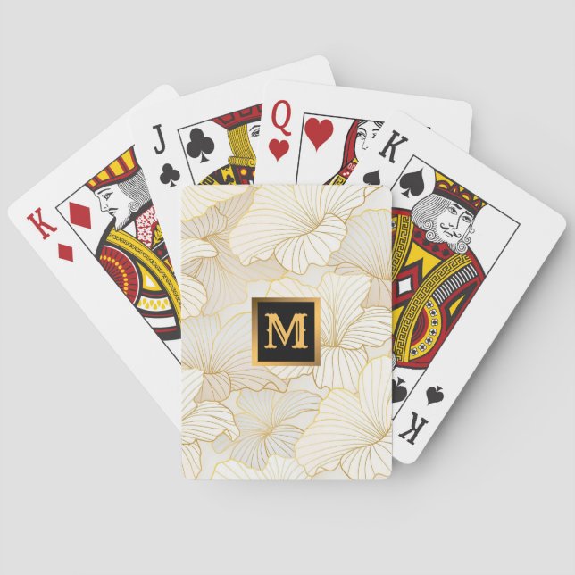 Elegant Modern Gold White Floral Line Collection Playing Cards (Back)