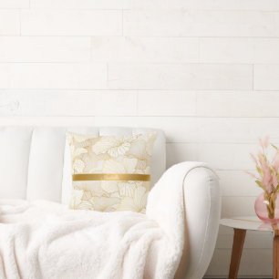 Elegant Modern Gold White Floral Line Collection Throw Pillow