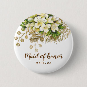 Elegant modern gold white floral maid of honor 2 inch round button