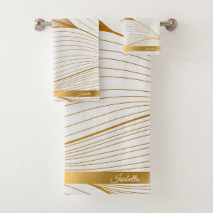 Elegant Modern Gold White Leaves Line Collection Bath Towel Set