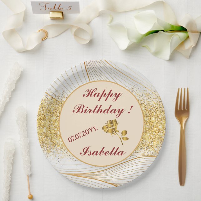 Elegant Modern Gold White Leaves Line Collection Paper Plate (Wedding)