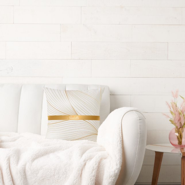 Elegant Modern Gold White Leaves Line Collection Throw Pillow (Couch)