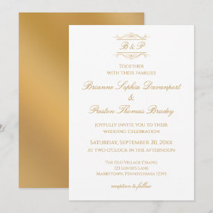 Elegant Modern Gold & White Monogram Wedding Invitation