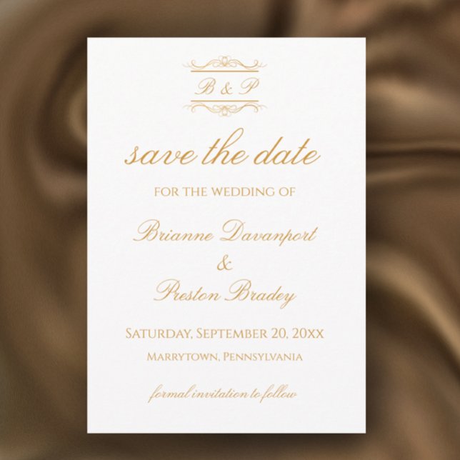 Elegant Modern Gold & White Monogram Wedding Save The Date (Personalize this save the date template for an elegant simple golden monogram wedding invitation.
)
