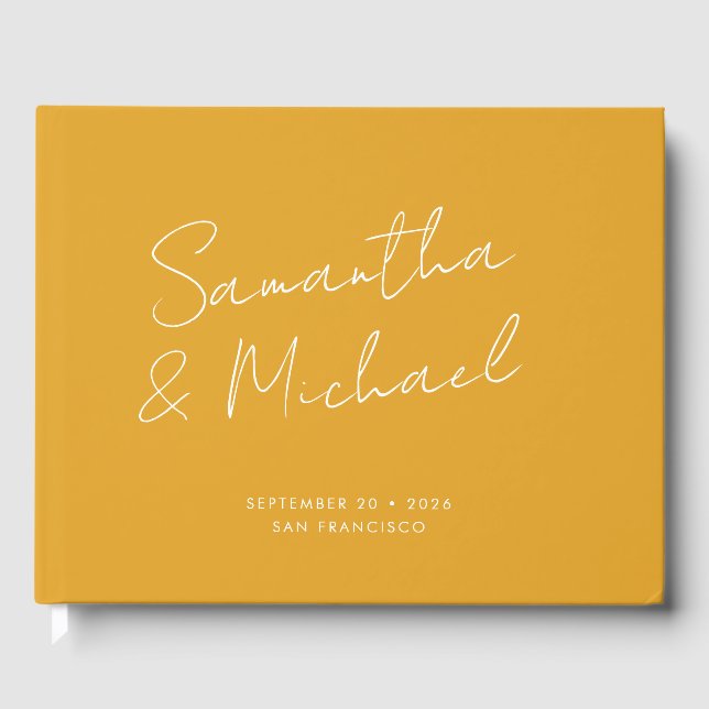 Elegant Modern Gold Yellow Script Custom Wedding Guest Book (Front)
