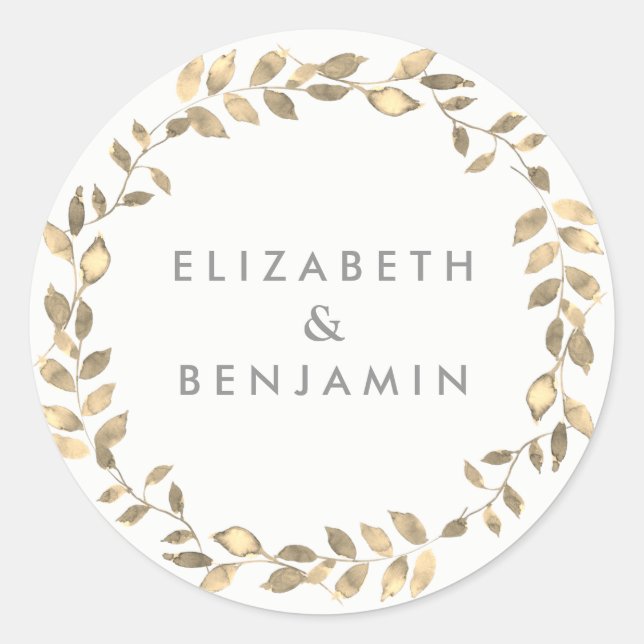 Elegant Modern Golden Leaf Wreath Wedding Classic Round Sticker (Front)