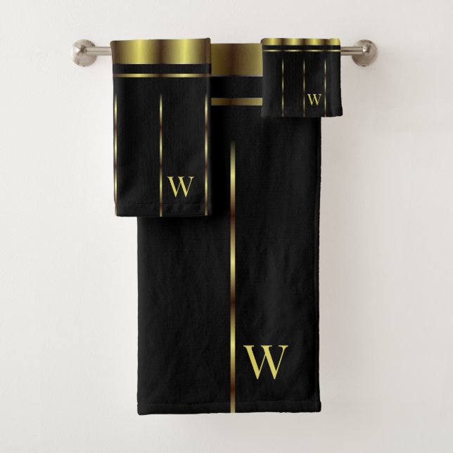 Elegant Modern Golden stripes Geometric Black Bath Towel Set (Insitu)