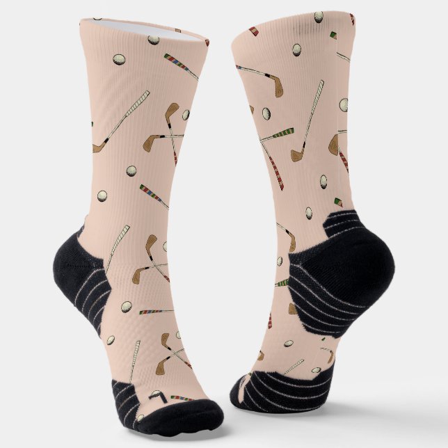 Elegant Modern Golf Golfer Club Ball Pattern Beige Socks (Angled)