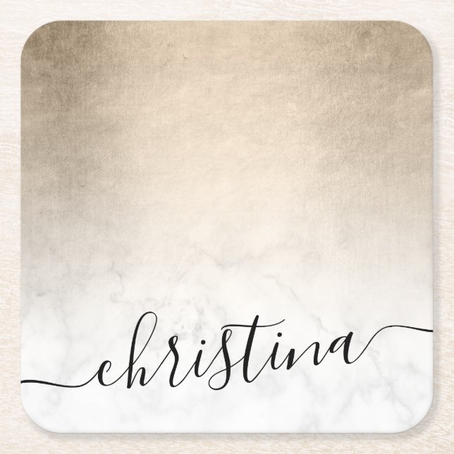 Elegant modern gradient copper gold white marble square paper coaster (Front)