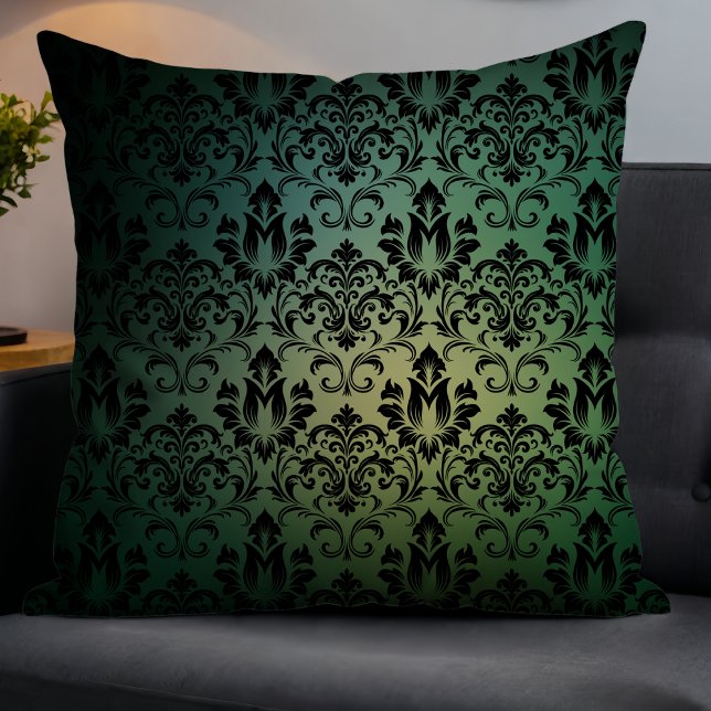 Elegant Modern Gradient Damask Dark Green Fade Throw Pillow (Creator Uploaded)