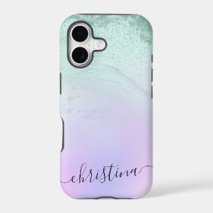 Elegant modern gradient mint green glitter purple