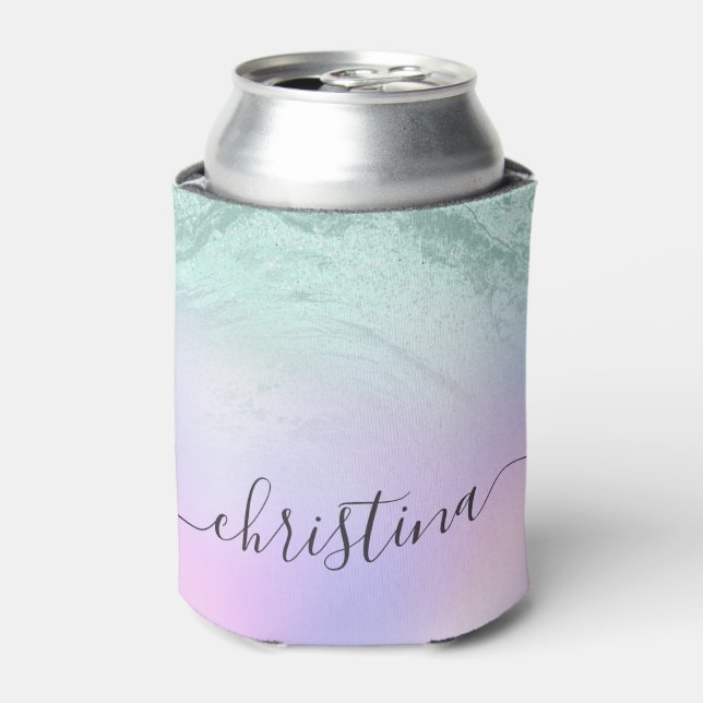 Elegant modern gradient mint green glitter purple can cooler (Can Front)