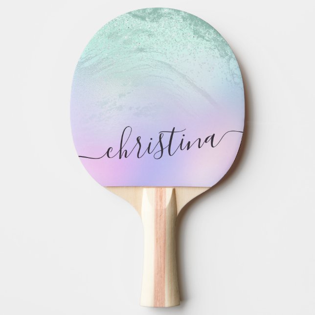 Elegant modern gradient mint green glitter purple ping pong paddle (Front)