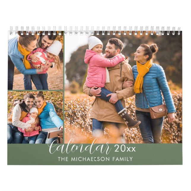 Elegant Modern Green 3 Photo Family Calendar (Cover)