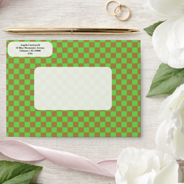 Elegant, Modern Green & Brown Colours Chequered   Envelope (Wedding)