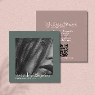 Elegant Modern Green Brown Script Hair Studio    Square Business Card