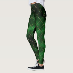 Elegant Modern Green Gold Diamond Square Pattern Leggings