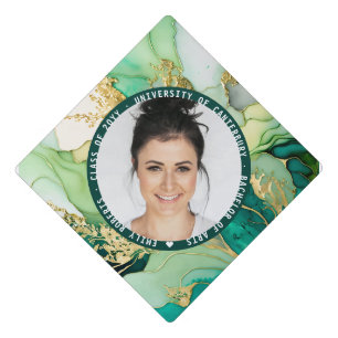 Elegant Modern Green Gold Marble Photo Graduate Graduation Cap Topper
