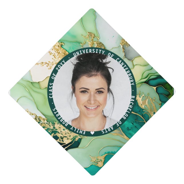 Elegant Modern Green Gold Marble Photo Graduate Graduation Cap Topper (Front)