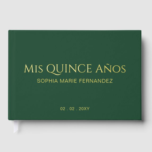 Elegant Modern Green Gold Quinceañera Guest Book (Front)