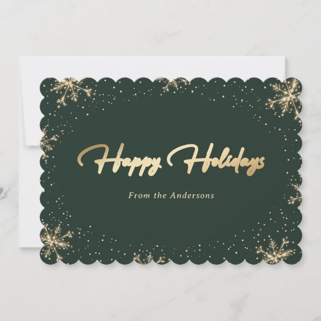 Elegant Modern Green Gold Snowflake Holiday Card (Front)