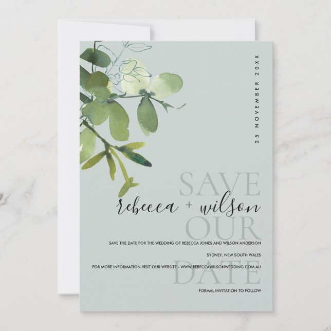 ELEGANT MODERN GREEN GREY EUCALYPTUS WATERCOLOR SAVE THE DATE (Front)