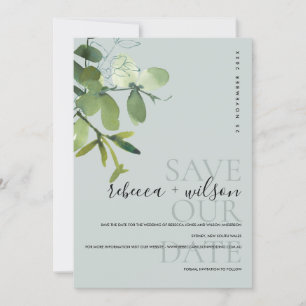 ELEGANT MODERN GREEN GREY EUCALYPTUS WATERCOLOR SAVE THE DATE